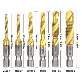 Drill Tap Set, Valkynos 6 Packs Titanium Plated Combination Taps Drill Bit Set, M3 M4 M5 M6 M8 M10 Hex Shank HSS Screw Thread Metric Compound Tap Drill Bits Metal Drilling