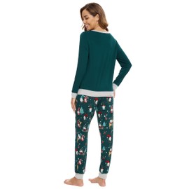 WiWi Viscose from Bamboo Women's Pajama Set Crew neck Soft Long-Sleeve Top + Yoga Pants sets with Pocket S-XXL, Dark Green+christmas Elk on Green, X-Large