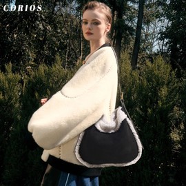 CORIOS Women Suede Tote Bag Shoulder Bag with Lamb Wool Vintage Crossbody Bag Soft Plush Top Handle Bag Large Capacity Handbag Lightweight Messenger Bag Satchel Bag with Coin Purse 2pcs Set Black