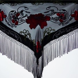 JJcollection Silk Base Burn-out Velvet Triangle Scarf, with 8" Tassel on two sides, Flora pattern, Black and Red Color