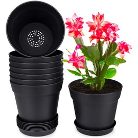 HOMENOTE Pots for Plants, 8 Pcs 7.5 inch Plastic Planters with Multiple Drainage Holes and Tray - Plant Pots for All Home Garden Flowers Succulents, Matte Black