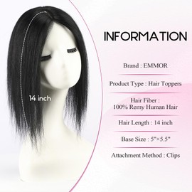 EMMOR Hair Toppers 14 inches for Women, 100% Remy Human Hair with Large Hand-woven of 5"×5.5" Base and 4 Non-slip Clips, Top Hair Pieces for Women with Hair Loss(Black)
