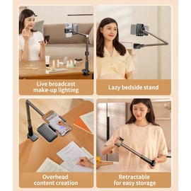 yAyusi Overhead Phone Mount for Recording,Phone Stand for Recording Overhead,Articulating Arm Cell Phone Holder with LED Ring Light, Desk/Bedside Tripod for YouTube Live Stream Cooking Video Recording