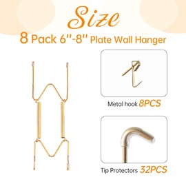 Bilillo 8 Pack Plate Hangers for The Wall, Suitable for 6-8 inch Plate, Gift Metal Wall Hooks*8, Stainless Steel Invisible Heavy Duty Wire Plate Holder with Rubber tip Protectors