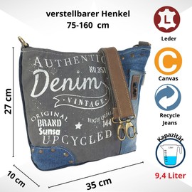 Sunsa Damen Umhängetasche. Schultertasche aus Canvas recycelte Jeans & Leder. Vintage Crossbody Tasche. Graue Retro Nachhaltig Handtasche als Geschenkideen für Frauen