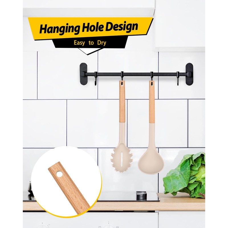 Silicone Pasta Fork and Ladle Spoon Set with Wooden Handle,