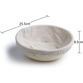 Voarge Round Proofing Basket, Diameter 25 cm, Height 8.5 cm, Proofing Basket Set for Bread Baking Holds 1 kg of Dough, A Natural, Handmade Rattan Proofing Basket, with Linen Insert, Dough Scraper,