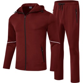 Rdruko Men's Hooded Sweatsuits Tracksuits 2 Piece Set Jogging Workout Running Jogger Athletic Track Sweat Suit Sets(Wine Red, US L)