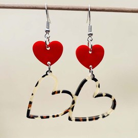 Red Love Heart Leopard Praint Earrings Acrylic Three Love Heart Dangle Drop Earrings Statement For Women Valentine’S Day Jewelry-Style D