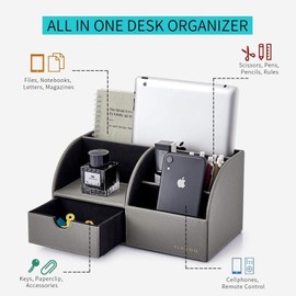 Vlando Desk Organiser with Drawer, Leather Office Stationery Desk Tidy Organiser, Multifunctional Desktop Pen Organizer,Remote Control Holder