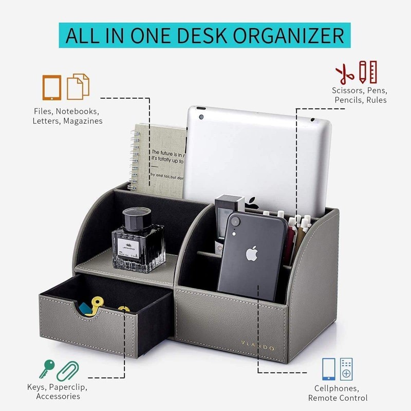 Vlando Desk Organiser with Drawer, Leather Office Stationery Desk Tidy