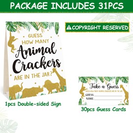Gold Safari Baby Shower Decorations Supplies Guess How Many Animal Crackers Game with Standing Sign 30 Cards