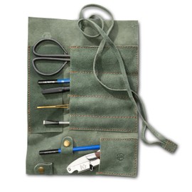 Angus Stoke Leather Roll Bag for Pens, Brushes and Accessories - Leather Pencil Case - Handmade Pencil Roll Leonardo, Olive-Green, Pen roll folder