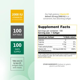 Nutra Nutrition Vitamin D3 2000 IU Softgels – 100 Softgels – Vitamin D3 Supplement for Daily Use