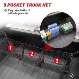 RED WOLF 3 Pocket Truck Bed Cargo Net for Toyota Ford Dodge GMC Chevy Silverado, Universal Pickup Mesh Storage Net 47.2" x 11.8" Stretchable Elastic Truck Bed Grocery Holder Net with 4 Ball Bungees
