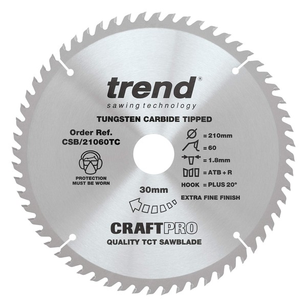 Trend CSB/21060TC Craft Saw Blade 210mm x 60 Teeth x 30 x 1.8 for DCS7485, Silver/Black, 30Mm