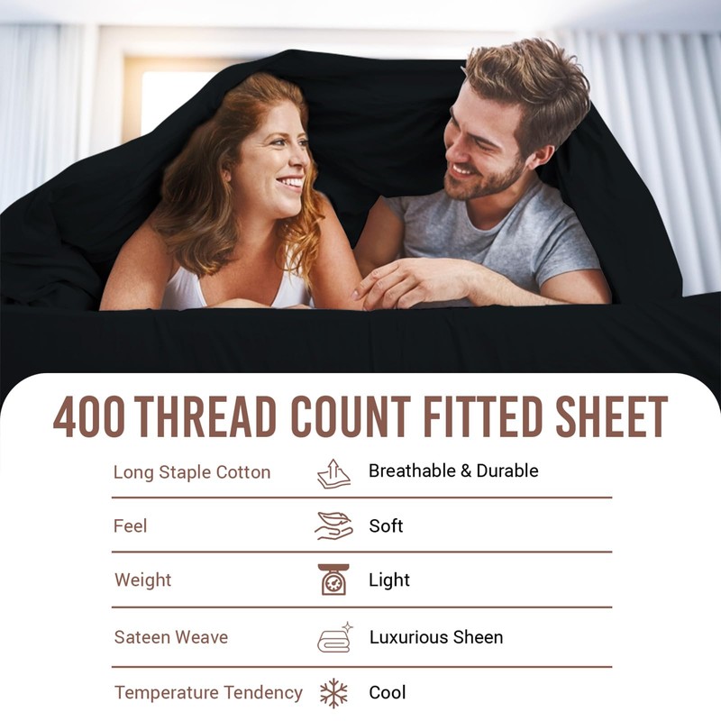 Pizuna 100% Cotton Small Single Fitted Sheet Black, 400 Thread