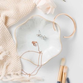 Ceramic Jewelry Dish Lotus Leaf Shape Jewelry Tray Decorative Trinket Plate Small Sauce Bowl Desktop Organizer for Earring Ring Bracelet Necklace, 1 Piece (White)