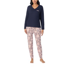Nautica 2 Piece Long Sleeve Blend V-Neck Top & Jogger Pajama Set for Women, Lightweight & Breathable Cotton & Polyester Blend, Navy & Pink Pattern, Large