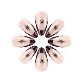 MISUD Press on Nails Almond Medium Fake Nails Glossy Glue on Nails Bling Glitter French Tip Acrylic Nails Stiletto Artificial Nails Rhinestone Stick on False Nails with Design 24 pcs