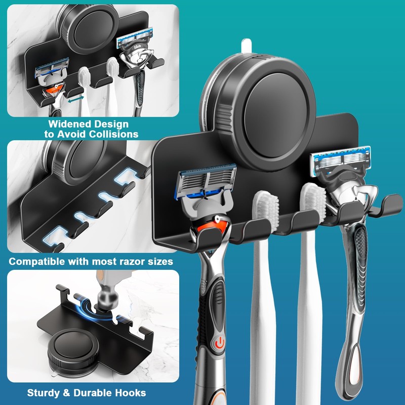 RIVAMBER Suction Cup Hooks, Razor Holder for Shower, Matte Black
