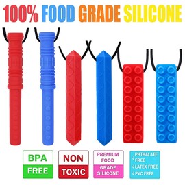 Sensory Chew Necklace by GNAWRISHING for Boys and Girls with Autistic, ADHD, Oral Motor (2 Pieces Bricks, 2 Pieces Diamonds, 2 Pieces Cylinders)