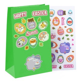 Nexmint 9-Inch Easter Gift Bags (24-Pack) with Creative DIY Fun Easter Themed Stickers (4-Sheets), Easter Treat Bags, Green Paper Goodie Bags, Easter Party Favor Bags, Easter Treat Bags