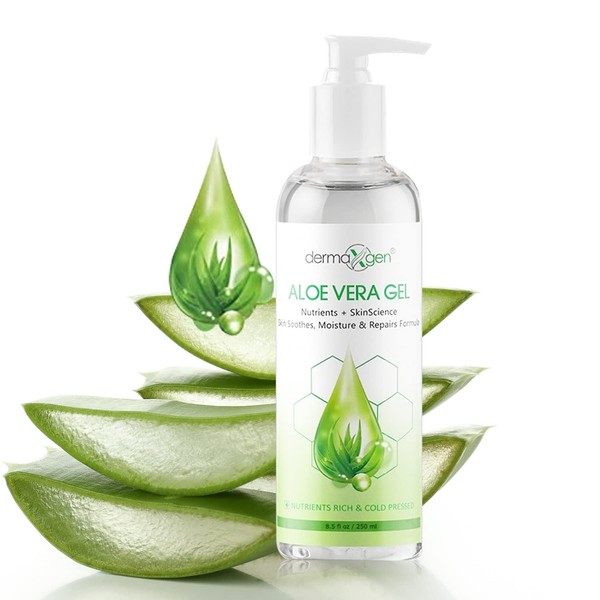 DERMAXGEN Aloe Vera Gel - Organic 100% Pure Aloe + Witch Hazel + Vitamin C + Vitamin E - Skin Soothes, Moisture And Repair Formula, Nutrients Rich And Cold Pressed 8.5 Fl Oz/ 250 Ml