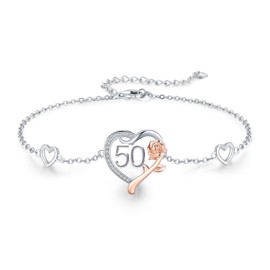 JUSTKIDSTOY 50th Birthday Gifts for Women, 50 Years Old Birthday Gifts 925 Sterling Silver Heart Rose Adjustable Chain Bracelet for Wife Couple Parents Mothers Day Anniversary Christmas Jewelry