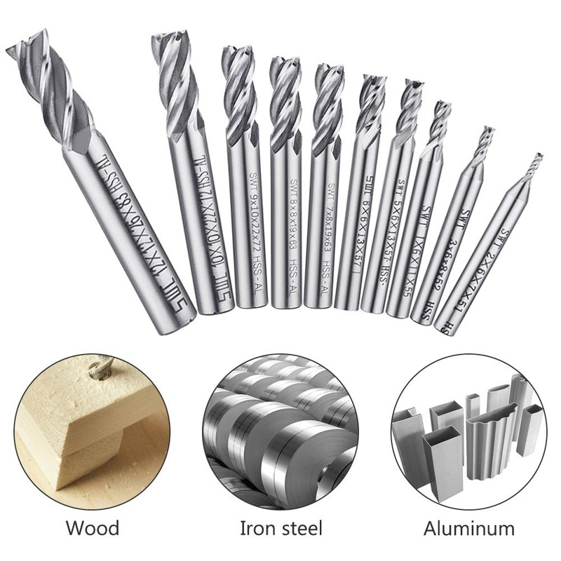 10 PCS 0.08" - 0.47" End Mills, AFUNTA 4-Flute HSS