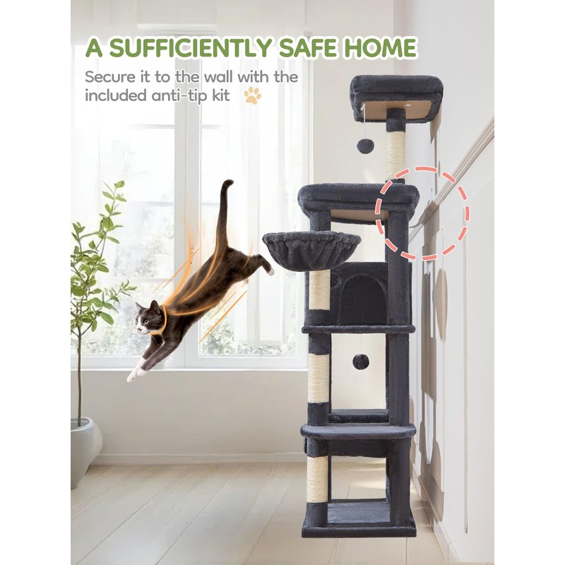 Taoqimiao MS042G Cat Tree,66-inch Large Cat Tower with Scratching Posts,