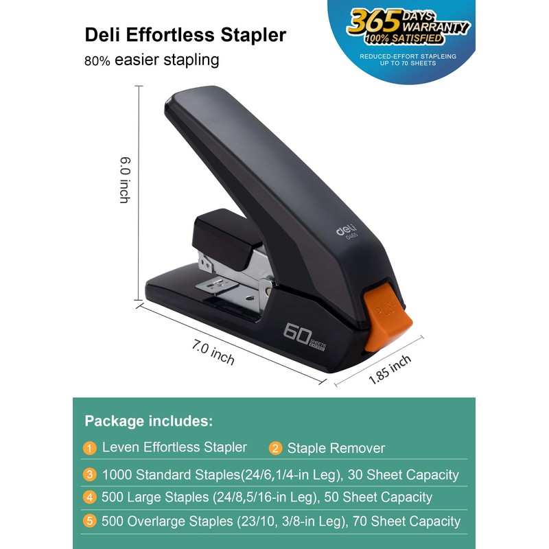 Deli Effortless Heavy Duty Stapler, One Touch Stapling, Easy to