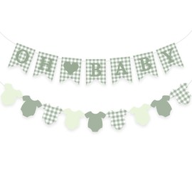 Eclatjoy Oh Baby Banner & Onesie Garland 2 Pack - Sage Green Gingham Baby Shower Decorations, Gender Decorations, Nursery Decor, Welcome Baby Party Supplies
