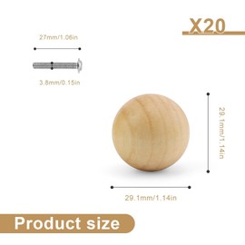 HASLED 20 Wooden Furniture Knobs, Cabinet Knobs with Screws, Smooth Surface, No Sharp Edges, Suitable for Cupboards, Kitchen Furniture, Dressers