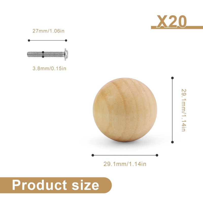 HASLED 20 Wooden Furniture Knobs, Cabinet Knobs with Screws, Smooth