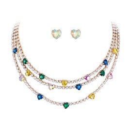 Ever Faith Sparkly Crystal Layered Choker Necklaces, Fashion Heart Statement 3 Strand Collar Necklace with Stud Earrings Colorful Costume Jewelry Gifts for Women