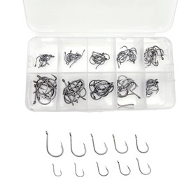 JZK 100pcs assorted Size 3 4 5 6 7 8 9 10 11 12, Carbon Steel Fishing Hooks with Eyes, Small Fish Hooks with Barb, Circle Fishing Hooks with Plastic Box