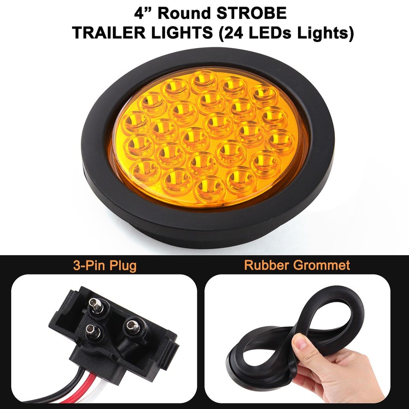 8pcs 4 Inch Round Amber Strobe Lights 24 LED Trailer