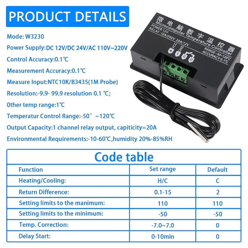 Coliao 2pcs Digital Temperature Controller W3230 Digital LED Thermostat Switch