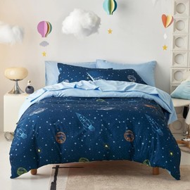 Freyamy Children's Bed Linen 135 x 200 cm Blue Navy Colourful Space Rocket Boys Children's Bed Linen Microfibre Stars Rocket Baby Bedding Duvet Cover with Zip and Pillowcase 80 x 80 cm