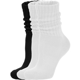 AugRing Women's Scrunch Crew Socks Retro 3-Pack Solid Cotton Boot Calf Socks Chunky Ribbed Cozy Slouchy Socks Size 5-11 (US, Alpha, One Size, Regular, Regular, White/White/Black)