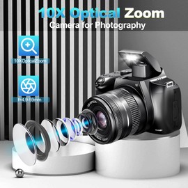 4K Digital Camera for Photography with WiFi, 10X Optical Zoom Vlogging Camera for YouTube 64MP Autofocus Compact Camera with 64GB SD Card, Battery, USB Card Reader & Charging Stand