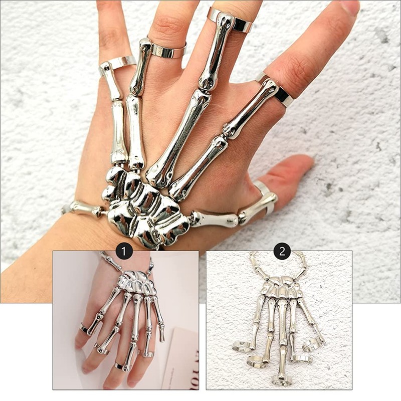 Punk Wristband Skull Fingers Metal Skeleton Hand Bracelet with Ring