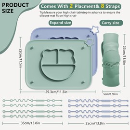 2 Pack Silicone Baby Placemats with Non-Slip Strong Suction Base and Anti-Drop 8 Stretchable Straps, BPA Free Food Grade Silicone Table Mats for Babies Toddlers, High Chair, Dining Tables,Pink+Purple