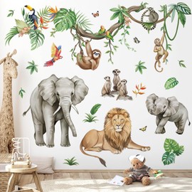 wondever Large Jungle Animals Tree Branch Wall Stickers Safari Monkey Elephant Lion Peel and Stick Wall Art Decals for Baby Nursery Kids Bedroom Playroom