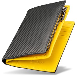 [Number7] Men's Bifold Wallet, Genuine Leather, Carbon Leather, Bifold L-Shaped Coin Purse, Black x Yellow