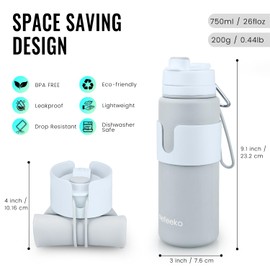 Nefeeko Collapsible Water Bottle, BPA Free 26oz Foldable Water Bottle for Travel Sports, Leak-Proof Spill-Proof Portable Water Bottles with Carabiner, Lightweight (Gray)