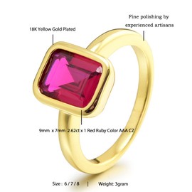 RIZILIA CELEBOX Solitaire Engagement Ring with Emerald Cut Gemstones CZ [Red Ruby] in 18K Yellow Gold Plated, Celebrity Inspired by Angelina Jolie