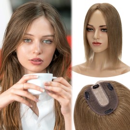 MY-LADY Human Hair Toppers for Women Real Remy Hair 130% Density 10 * 12CM Silk Base No Bangs Clip in Hair Pieces Straight Hairpiece for Thinning Hair 8 Inch #06 Light Brown