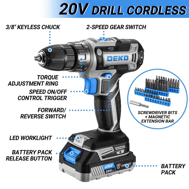 Blue Drill Tool Kit Set: 20V Cordless Power Drill Tool